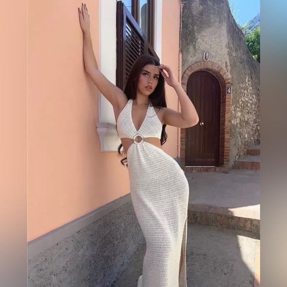 Lena Vie Knitted Maxi Coverup Dress In White With Cut Out Details & Low Back - Picture 10 of 14